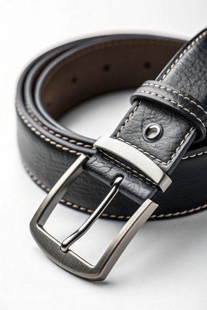 Close up of a dark leather belt with a silver buckle on a white backgroundの素材