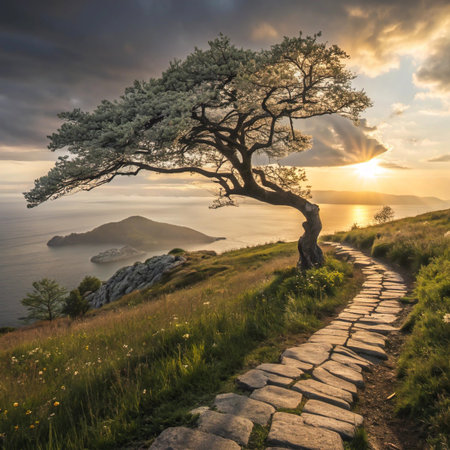 Winding stone path leads to a solitary tree overlooking a serene ocean sunsetの素材