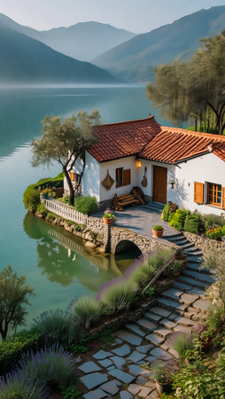 Tranquil lakeside villa with red tile roof and scenic mountain backdropの素材