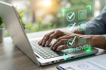 Business person approving digital documents on laptop with glowing checkmarksの素材