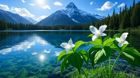 Trillium flowers bloom by a clear mountain lake reflecting the skyの素材