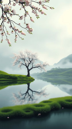 Serene japanese cherry blossom tree reflected in calm waterの素材