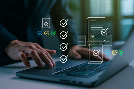 Business professional reviewing digital documents and completing tasks on laptopの素材