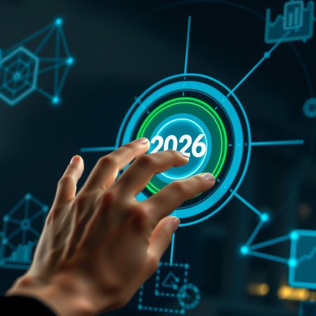Hand touching futuristic screen displaying the year 2026の素材
