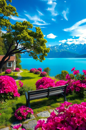 Idyllic lakeside cottage surrounded by vibrant pink flowers and snow capped mountainsの素材