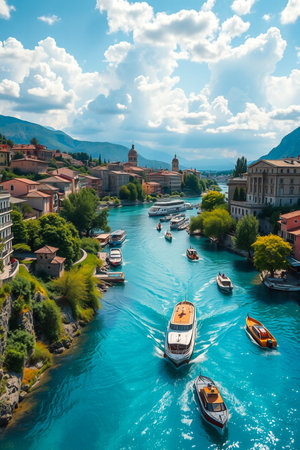 Scenic european canal town with boats and mountains under a cloudy skyの素材
