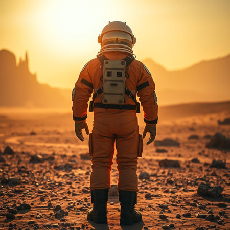 Astronaut stands on alien planet at sunset with mountains in backgroundの素材