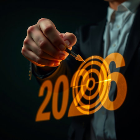 Man aims dart at target superimposed on the year 2026の素材