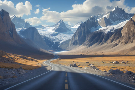 Scenic mountain road leading to a majestic glacial valley under a dramatic skyの素材