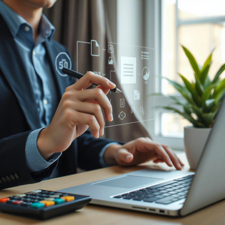 Businessman analyzing data with futuristic holographic interfaceの素材