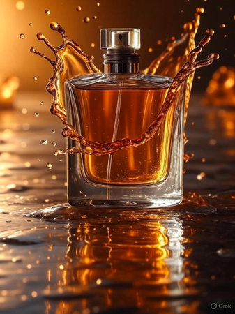 Elegant perfume bottle with amber liquid splash and reflectionsの素材