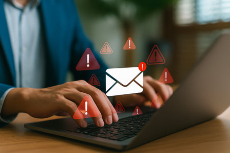 Man typing on laptop with email notification and warning symbolsの素材