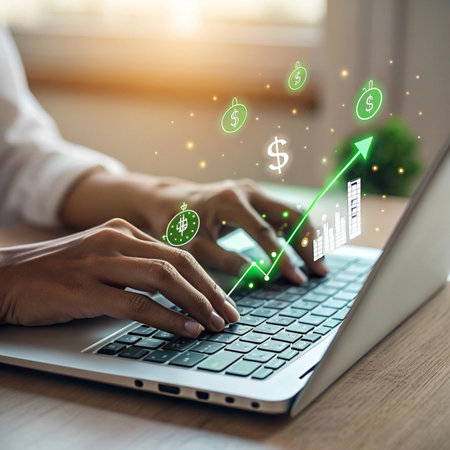 Hands typing on laptop with glowing financial growth icons and upward arrowの素材