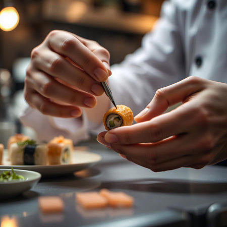 Chef meticulously preparing sushi roll with precision and careの素材