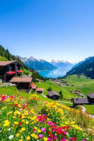 Idyllic swiss alps village with colorful wildflowers and lake viewの素材