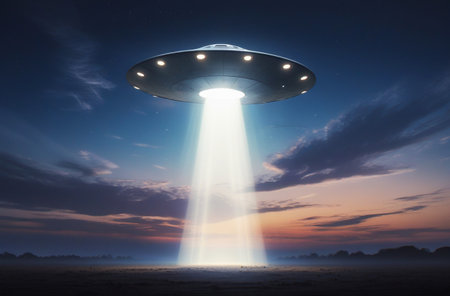 Ufo spaceship beams light down from sky at sunsetの素材