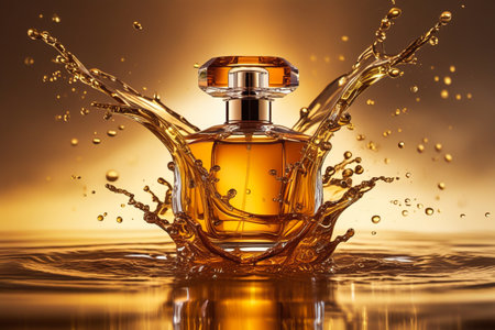 Elegant perfume bottle splashing golden liquid in dramatic lightingの素材