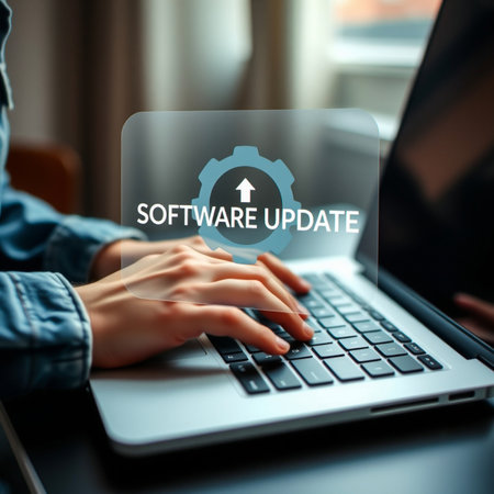 Person updating software on a laptop computer with digital overlayの素材