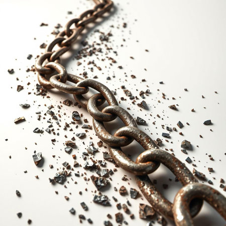 Broken metal chain scattered on white background symbolizing freedomの素材