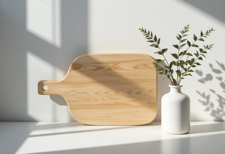 Wooden cutting board and vase with greenery bathed in sunlightの素材