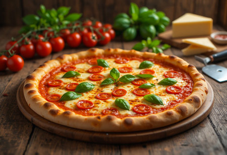 Delicious margherita pizza with fresh tomatoes and basil on rustic tableの素材