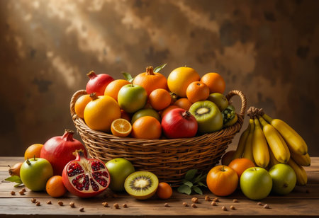 Abundant harvest of fresh fruits in a woven basket still lifeの素材