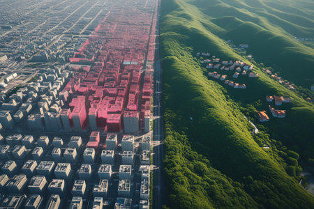 Divided landscape urban city meets lush green mountainside aerial viewの素材