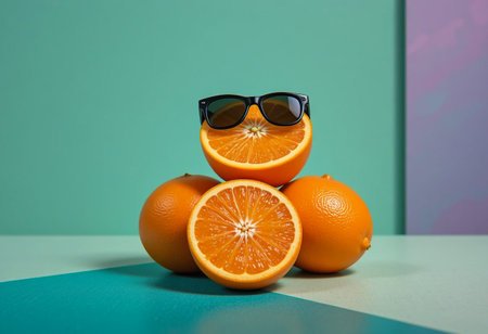 Funny orange wearing sunglasses stacked on other orangesの素材