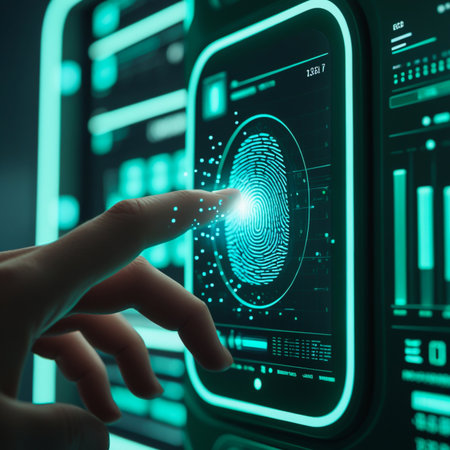 Hand touching glowing fingerprint scanner on futuristic digital interfaceの素材