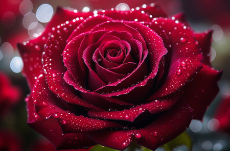 Close up of a vibrant red rose with water dropletsの素材
