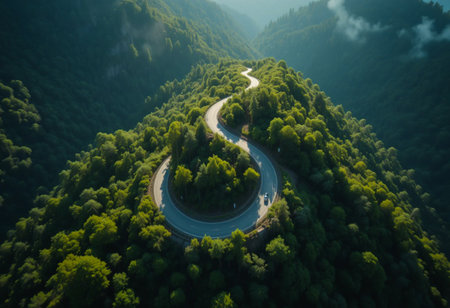 Serpentine road winds through lush green forest and reflecting lakeの素材