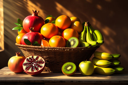 Abundant basket of fresh fruits bathed in warm sunlightの素材