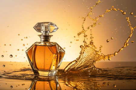 Elegant perfume bottle with golden liquid splash and dropletsの素材