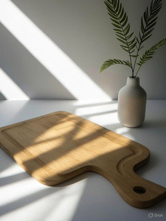 Wooden cutting board with plant and natural light shadowsの素材