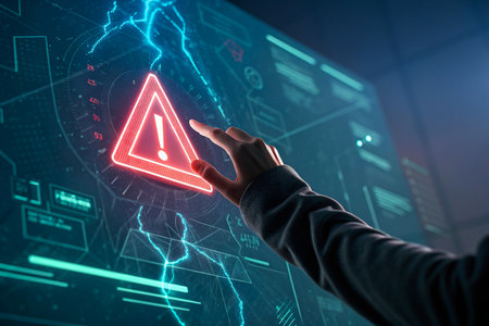 Hand touching glowing red warning triangle on futuristic digital screenの素材