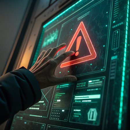 Cybersecurity alert warning on futuristic digital display screenの素材