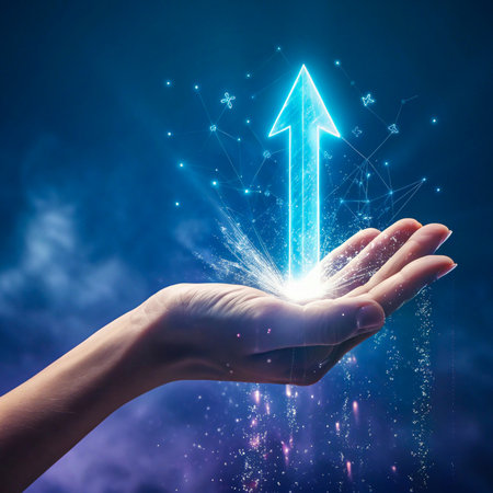 Hand releasing glowing blue arrow symbolizing growth and successの素材