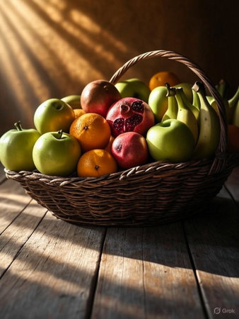 Abundant harvest of fresh fruits in woven basket bathed in sunlightの素材