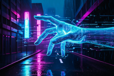 Futuristic digital hand reaching out in neon city streetの素材