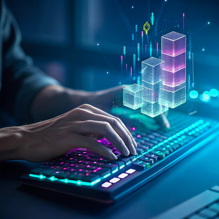 Hands typing on glowing keyboard with futuristic digital city projectionの素材