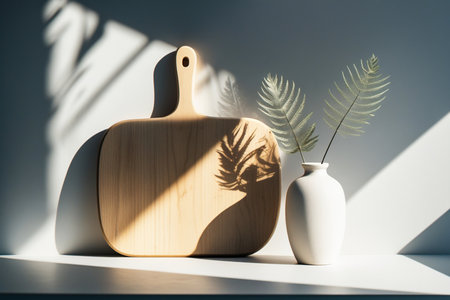 Natural light illuminates wooden cutting board and minimalist vaseの素材