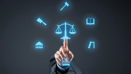 Hand touching digital scales of justice with legal iconsの素材