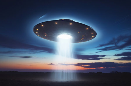 Flying saucer ufo descends with bright beam of lightの素材