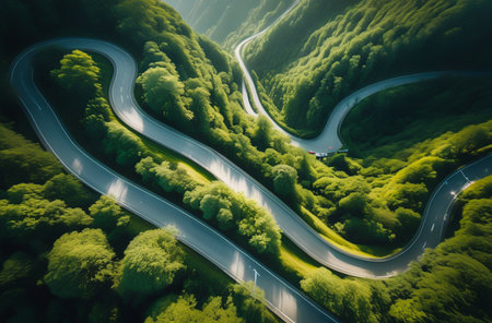 Serpentine mountain road winding through lush green forest landscapeの素材