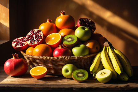 Abundant harvest of fresh fruits in a wicker basketの素材