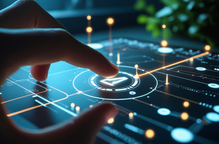 Finger touching futuristic glowing digital interface with data connectionsの素材