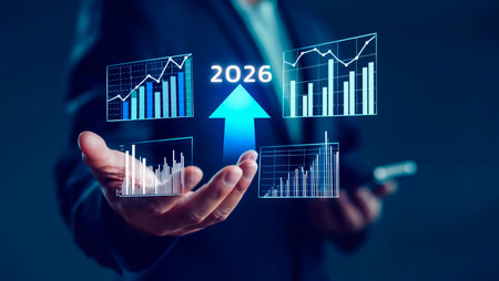 Businessman displays upward trend charts and 2026 forecastの素材