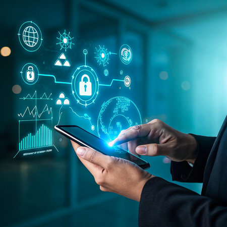 Person interacting with futuristic digital security interface on smartphoneの素材
