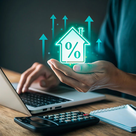 Hands holding glowing house icon with percentage and rising arrowsの素材