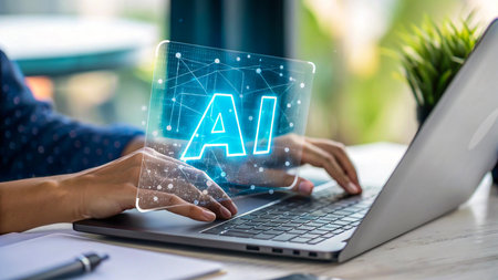 Person typing on laptop with ai hologram glowing above keyboardの素材